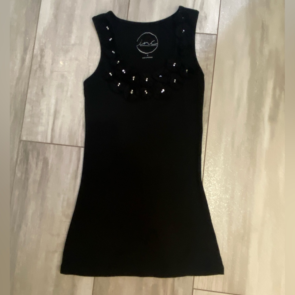INC International Concepts Black Ribbed Scoop Neck Tank Top with Flowers, small